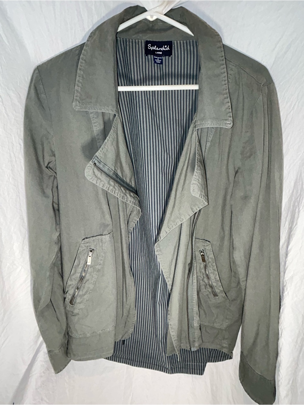 Splendid Olive Green Moto Biker Lightweight Coat with Striped Lining 100%Cotton